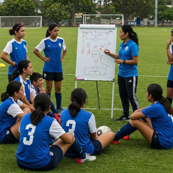 Entraîneuse expliquant des tactiques à un groupe de jeunes joueuses